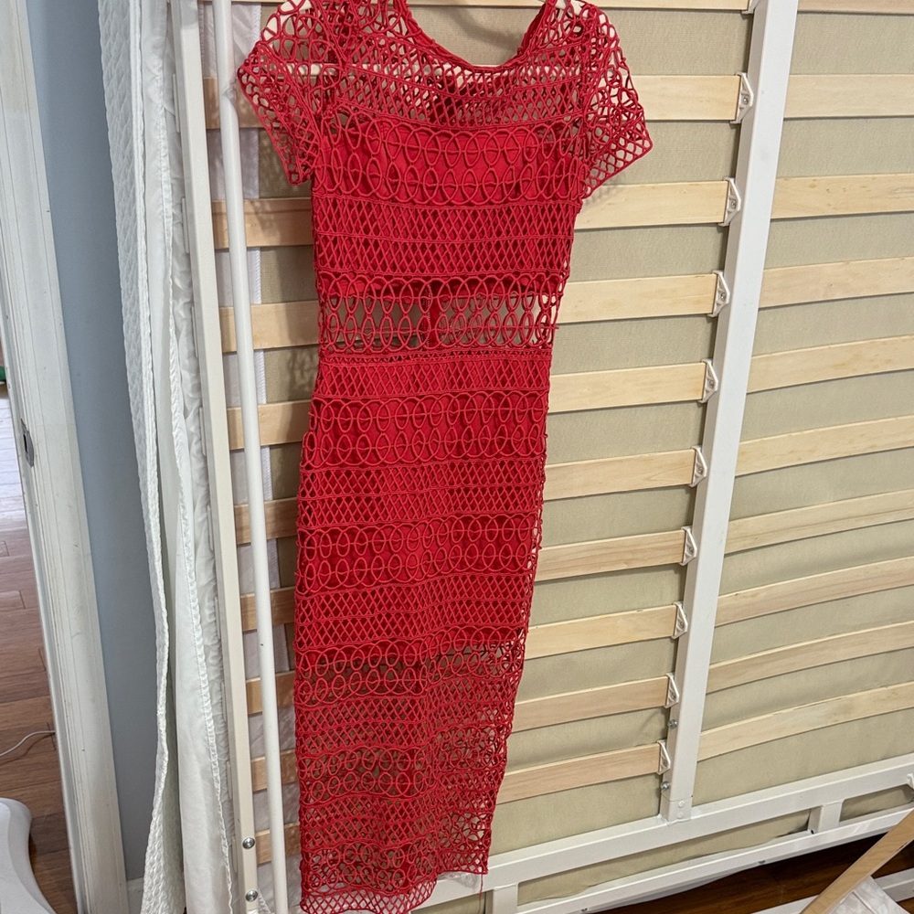 Just Me Vibrant Red Crochet Midi Dress